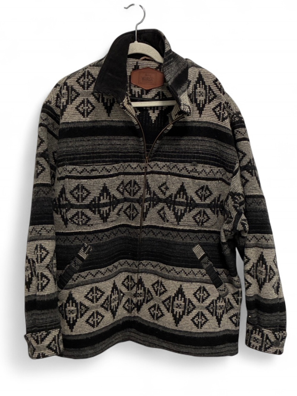 Vintage Woolrich Men's Western Patterned Wool Zip-Up Jacket - Black & Gray